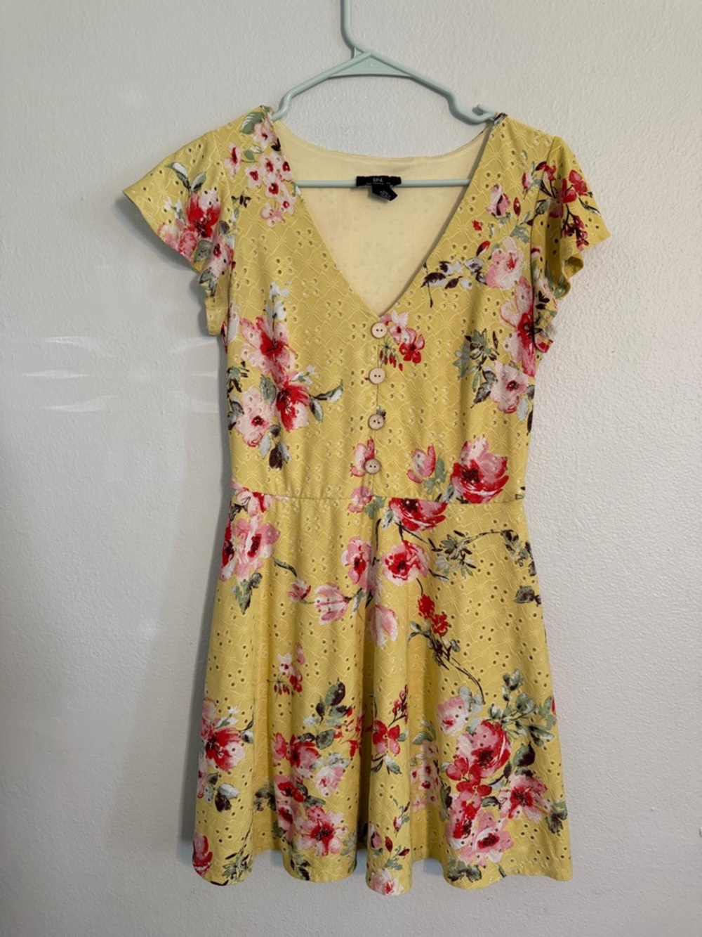 I.N. San Francisco Yellow Floral Eyelet Mini Dress - Size Medium